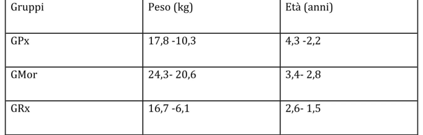 Tabella 4.2: valori medi e deviazione standard del peso e dell’età nei tre  gruppi 
