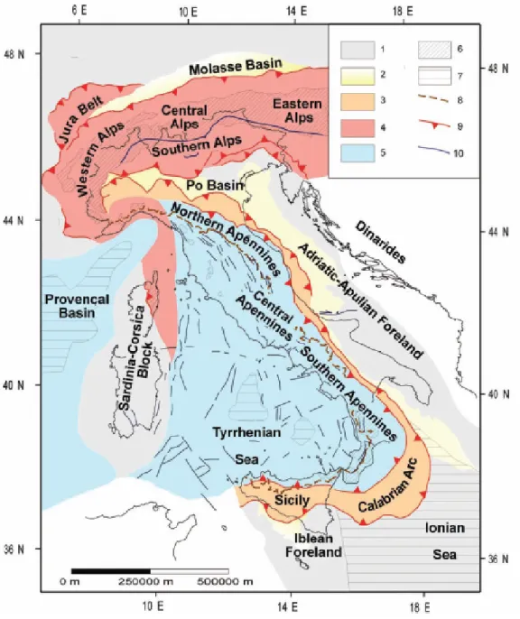 Figure 3.3: Synthetic tectonic map of Italy and surrounding seas; 1) Foreland areas;
