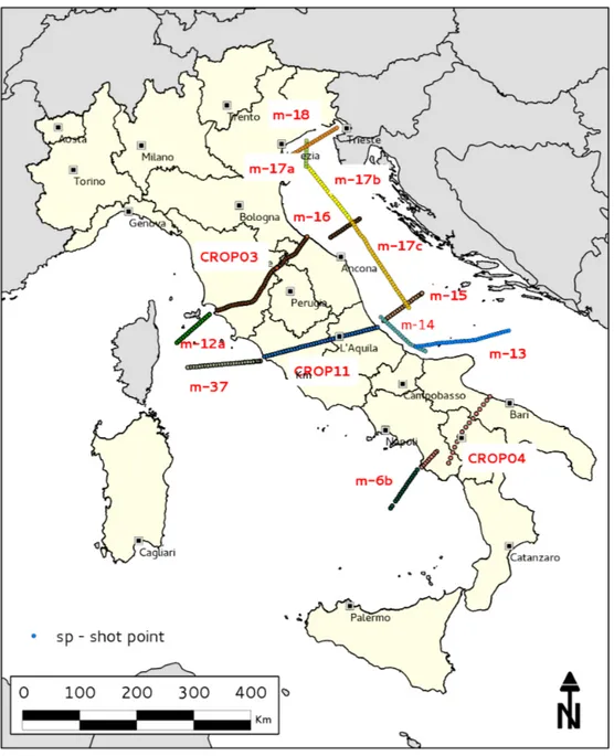 Figure 4.1: The base map, are shown the location of the shot point belongs to each interpreted seismic CROP profile used (CROP seismic interpreted cross-section attached to ??)