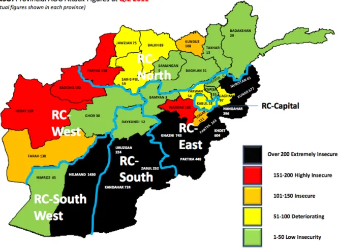 Fig. 4 – Mappa dell’incidenza di attacchi contro il personale occidentale ripartiti per  provincia APR-GIU 2011 