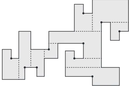 Figure 1.4: Orthogonal polygon partitioned into L-shaped pieces, and a guarding set.