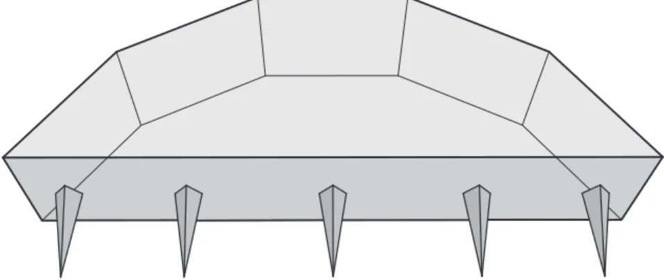 Figure 3.10: Polyhedron with 4k + 3 faces that requires k face guards. Each open face sees the tip of at most one of the k tetrahedral “spikes”.