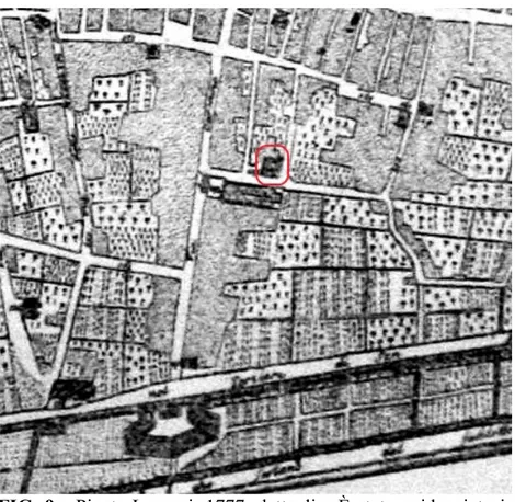 FIG. 10 - Pianta 1793, dettaglio. È stata evidenziata la zona ortiva  ricavata dalla demolizione di S.Verano.
