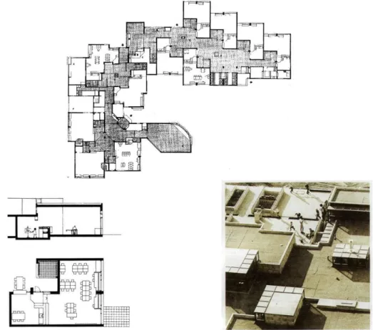 Figura 1-11: Hertzberger - Scuola Montessori a Delft, planimetria, pianta e sezione di un’aula, veduta dall’alto 