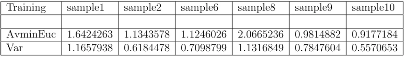 Tabella 5.3: Minima distanza Euclidea in media (prima riga) e Varianza (seconda riga) dei samples di Training