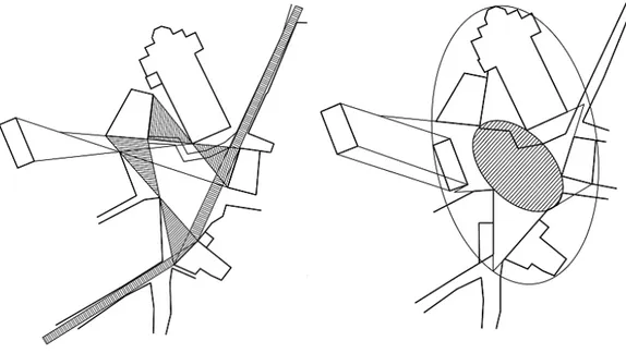 Fig.  2.    A  sinistra:  Relazioni  ottiche  tra  la  facciata  del  palazzo  comunale  e  due  tra  le  principali  strade  di  accesso  alla  piazza;  rapporti  dimensionali  tra  le  facciate  dei  principali  edifici