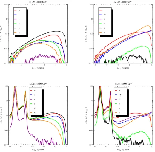 Figure 4.1: Spectra produced by annihilation of TeV DM, as computed with Geant.