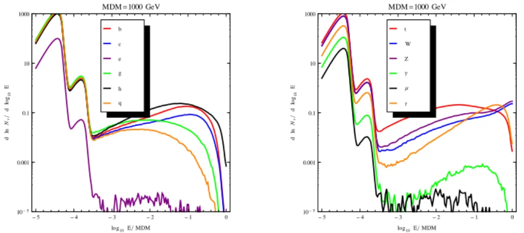 Figure 4.2: Spectra produced by annihilation of TeV DM, as computed with Geant.