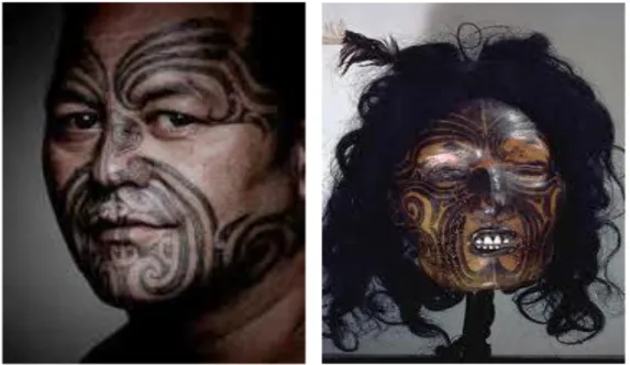 Figura 1: tatuaggio viso maori.  Figura 2: testa maori imbalsamata.  