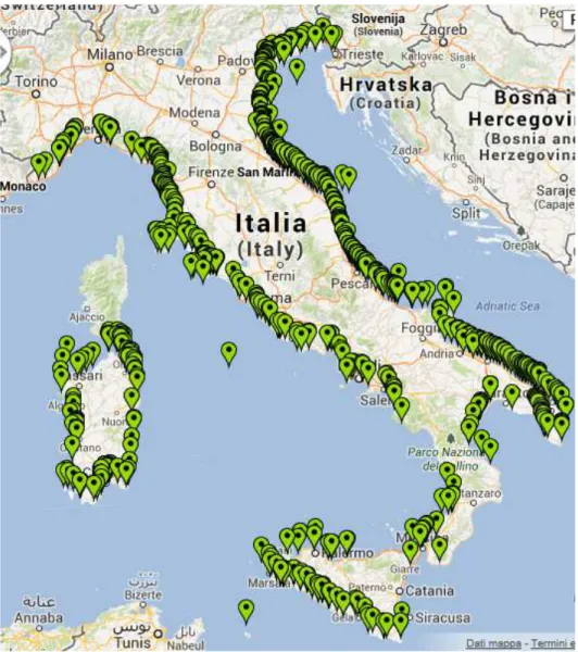 Figura 3.1 Cartina degli spiaggiamenti di tursiope segnalati nel Database CIBRA dall’inizio dei rilevamenti all’inizio  del 2013 (http://www-3.unipv.it/cibra/spiaggiamenti.html).