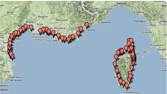 Figura 3.2 Cartina degli spiaggiamenti di tursiope lungo le coste Francesi dal 1986 al 2011 (http://crmm.univ- (http://crmm.univ-lr.fr/index.php/en/stranding/strandings-map)