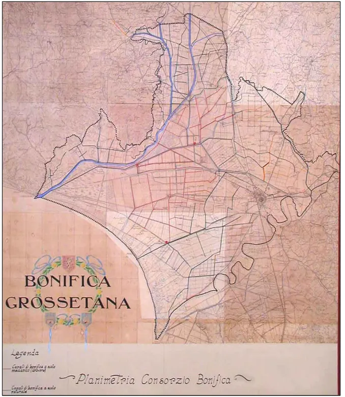 Figura 1. 8: rappresentazione del Consorzio di Bonifica, fino al 1994, con il tracciato degli elementi della bonifica.