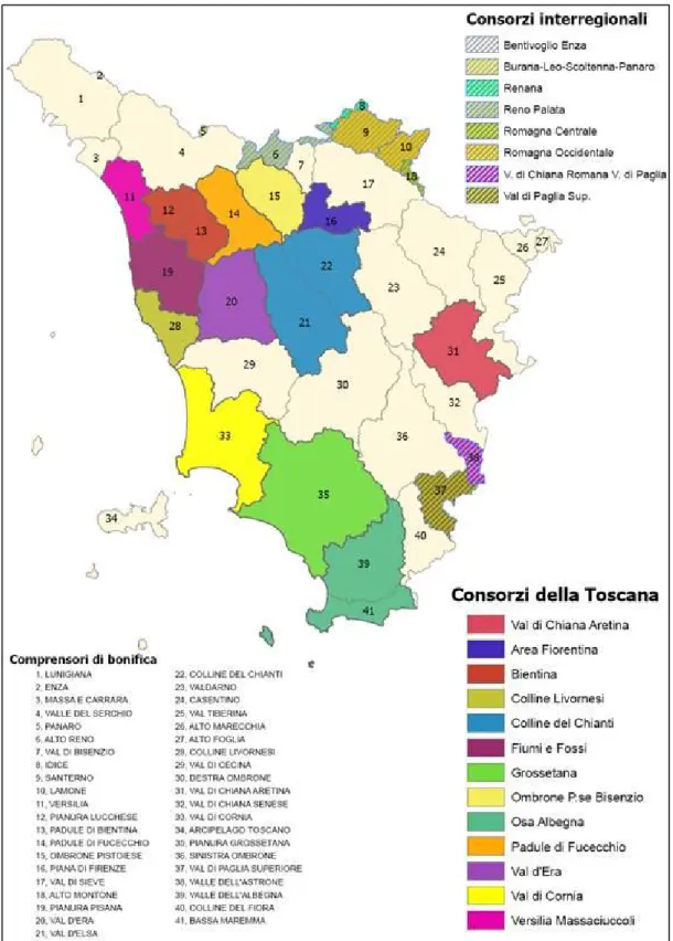 Figura 1. 10: suddivisione della Regione Toscana secondo i Consorzi di Bonifica Regionali (L.R.34/94).