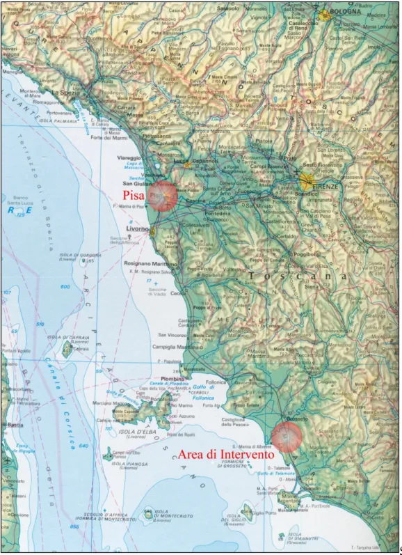 Figura 1. 1: posizione geografica dell'area d'intervento rispetto alla città di Pisa.