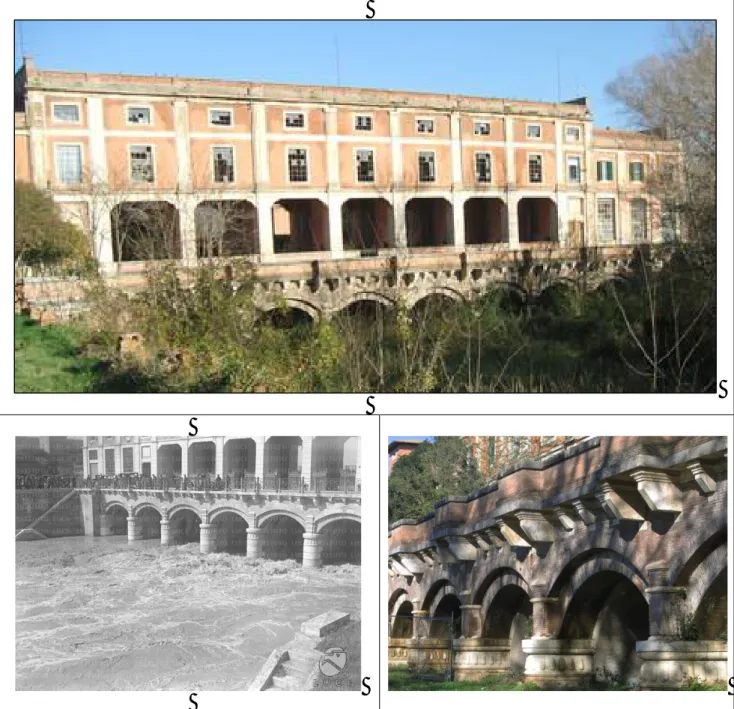 Figura 1. 6: immagini del Ponte Tura, località la Steccaia: struttura nel suo stato attuale, nel periodo di funzionamento negli anni 30 e  particolare delle arcate del ponte.