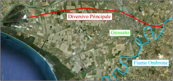 Figura 1. 7: planimetria del diversivo principale, dalla Steccaia fino alla Diaccia Botrona, nella pianura grossetana