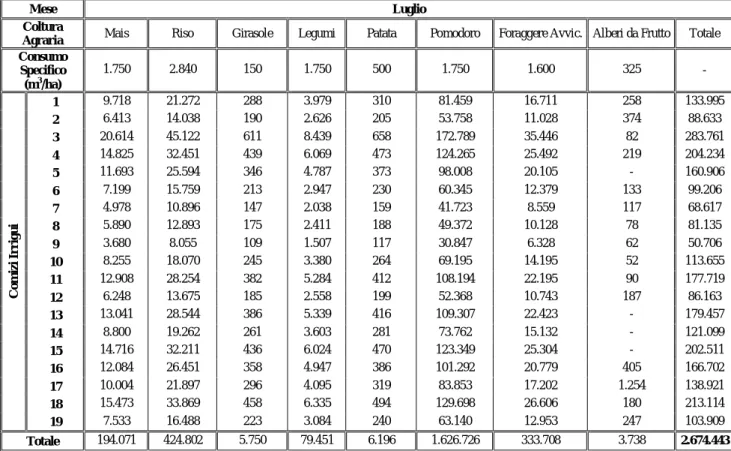 Tabella 6. 6: dati sui consumi idrici, in mc, di ciascun coltura agraria per comizio irriguo e mese di Luglio