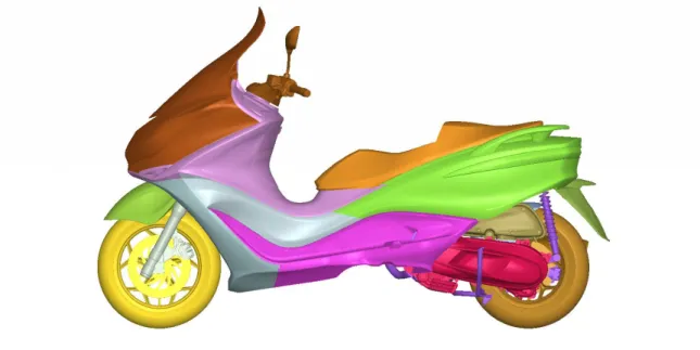 Figura 2.11: Modello ANSA® dello scooter, vista laterale: a ciascun colore corrisponde un PID dierente