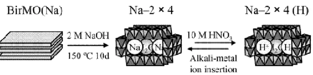 Fig. 1.14 - Synthesis process of 2 × 4 tunnel from Na-birnessite. After Liu &amp; Ooi, (2003) 