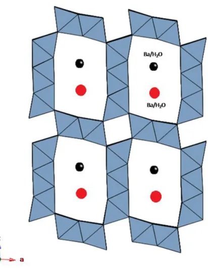 Fig. 1.30 - Projection down b of the romanèchite structure. The tunnels host two equivalent cation sites,  occupied by Ba and/or H 2 O.