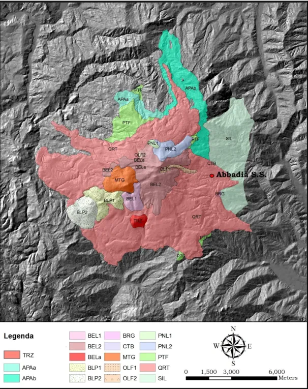 Figura 2.2.5_Mappa geologica dell'Amiata realizzata con il software GIS. TRZ: duomo esogeno costituito  da lave massive di composizione trachidacitica (Formazione di Poggio Trauzzolo); APAa: calcari marnosi  e  marne;  APAb:  arenarie  quarzose  torbiditic