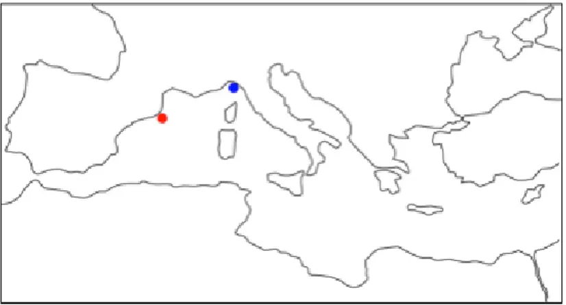 Figure 1.2: The two spots in the Mediterranean map identify the two sampling areas (blue spot: Portofino; red spot: Cap de Creus).