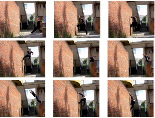 Figure 1: The sequence shows a parkour perform a series of jumps and articulated movements exploiting some intrinsic characteristics of the human body, such as power, robustness, explosive energy, precision etcetera [W31]