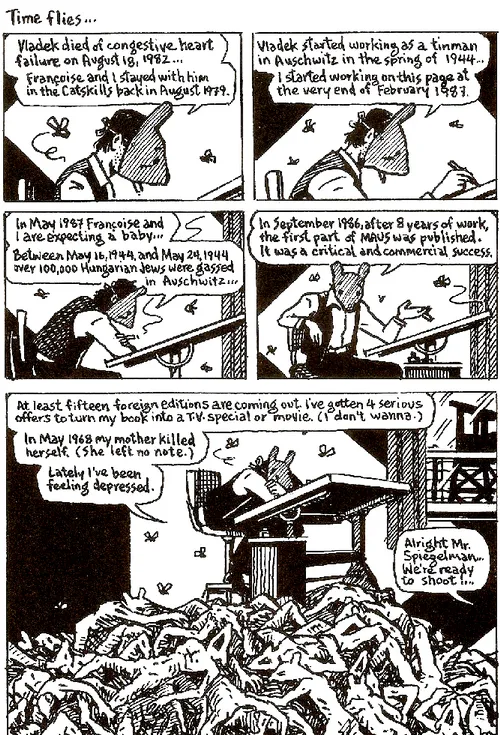 Fig. 3. Sequenza tratta da Maus (vol. 2, 1989), il graphic memoir che nel  1992  ha  fruttato  allo  statunitense  Art  Spiegelman  uno  speciale  Premio  Pulitzer,  consolidandone  la  notorietà  a  livello  internazionale