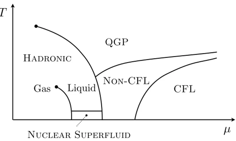 Figure 1.1 – A schematic representation of QCD phase diagram at high density and temperature.