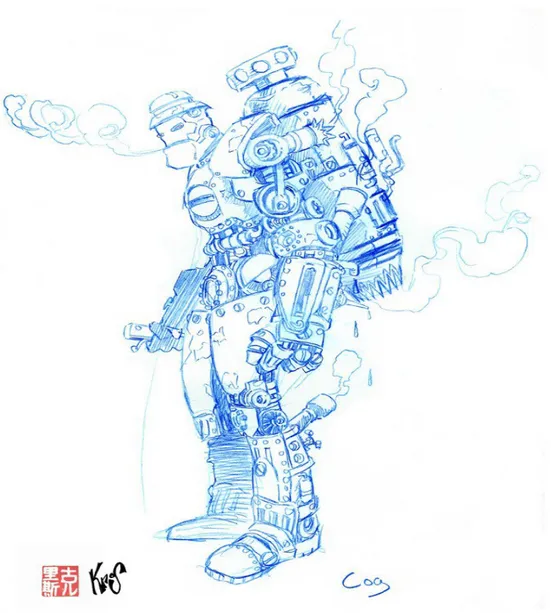 Illustrazione 19: Schizzo di un cyborg a vapore