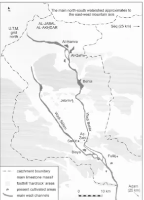 Fig. 2 – Il bacino di drenaggio dello wadi Bahla  e del suo affluente wadi Sayfham, in prossimità  della  cui  congiunzione  si  trova  Salut  (da  Orchard &amp; Orchard 2006: pl