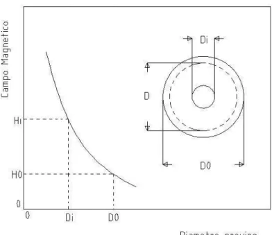 Fig. 3.4 – Il campo circonferenziale generato da un avvolgimento primario uniformemente distribuito  decresce, andando dall’interno all’esterno dei contorni del provino toroidale, con l’inverso del  diametro D, a causa della corrispondente variazione della