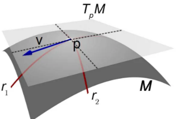 Figure 2.3: Representation of the tangent space T p M to the 2- 2-dimensional manifold M at a given point p and the corresponding tangent vector v ∈ T p M .