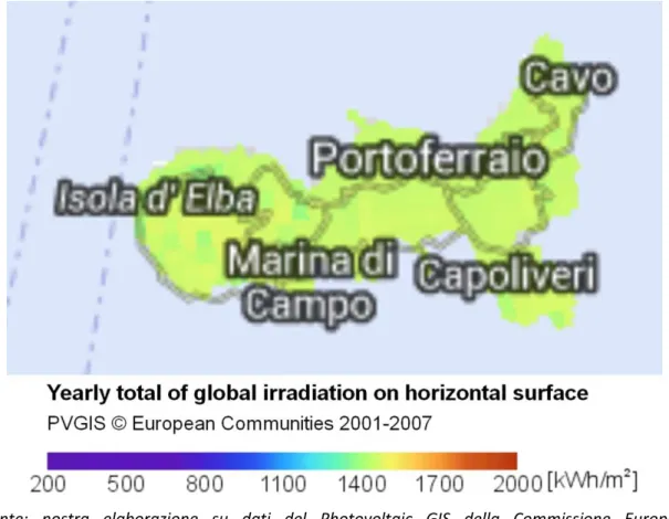 Figura 3.5. Isola d’Elba. Irraggiamento totale annuale sulla superficie orizzontale 