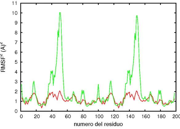 Figura 4.6: Confronto tra il valore di RMSF 2 ottenuto dalla simulazione (linea verde) con le fluttuazioni sperimentali della struttura cristallografica avente 1HHP come codice PDB (linea rossa).