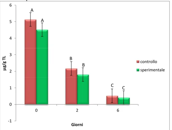 Figura  23.  Quantità  di  carotenoidi  nel  gruppo  di  controllo  e  nel  gruppo  sperimentale  rispetto  ai  lipidi  totali  (LT)