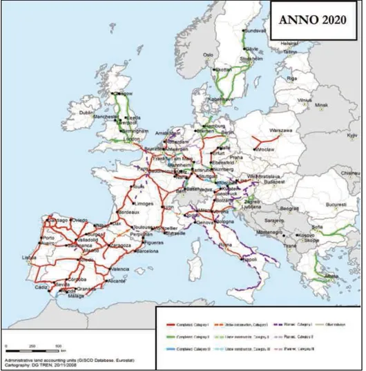 Figura 3: Mappa europea dell’ampliamento e potenziamento delle linee AV nel  2020 