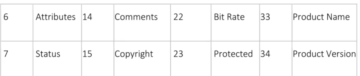 Tabella 9 Windows Extended File Properties (Notice that index 26, 27 and 28 are not used) 