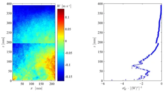 Figura A.3.: Campo di velocità verticale media W e coeciente di variazione relativo - caso Re θ 2