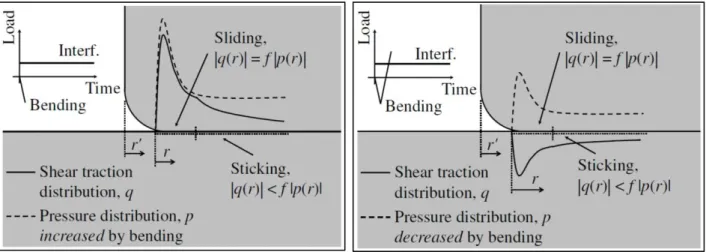 Figura 2.16 – Distribuzione della pressione e della tensione tangenziale nella zona interessata dal fretting 