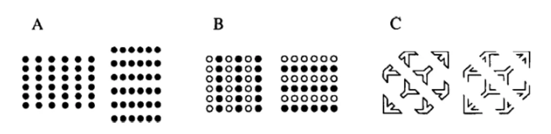 Figura 2.2: Tre esempi di principi della Gestalt: A–prossimit` a; B–somiglianza (colore); C–chiusura, continuit` a (da Scholz 2001, p