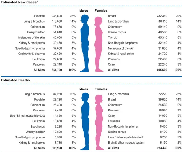 Figura  2.    Stima  di  insorgenza  di  nuovi  casi  di  tumore/anno  e  stima  di  decessi  annui  per  tumore  in  USA  (American Cancer Society 2013)