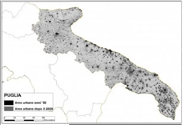 Fig. 6 Consumo di suolo in Puglia. Elaborazione di Bernardino Romano (Dossier sul Consumo di suolo 2012 “Terra rubata - Viaggio nell'Italia che scompare”)