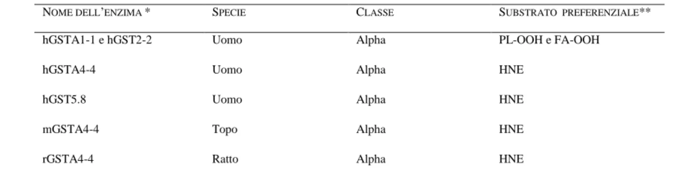 Tab. 1. Isozimi della GST implicati nella detossificazione dei prodotti della LPO .  