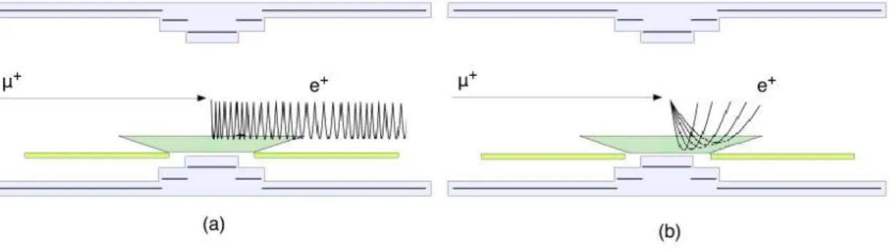 Figura 2.10: Traiettorie dei positroni in un campo magnetico costante. Figura (a): attra- attra-versamento multiplo di un positrone con basso impulso longitudinale