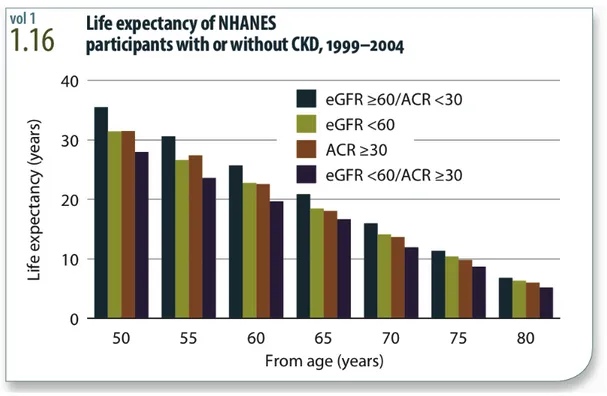 Figura 21 – Studio NHANES 1999-2004: aspettativa di vita e markers di CKD per strati di età 