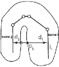 Figura 2.6: il raggio dal vertice p k  al bone j esce dalla mesh, quindi il peso di j per p k  viene resettato a 0.
