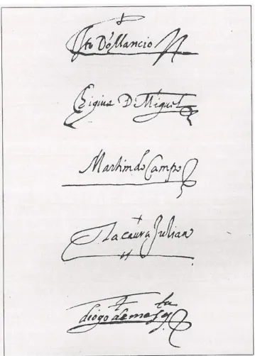 Figura 6Le firme dei quattro legati  (con caratteri latini)  con quella del padre Diego Mesquita