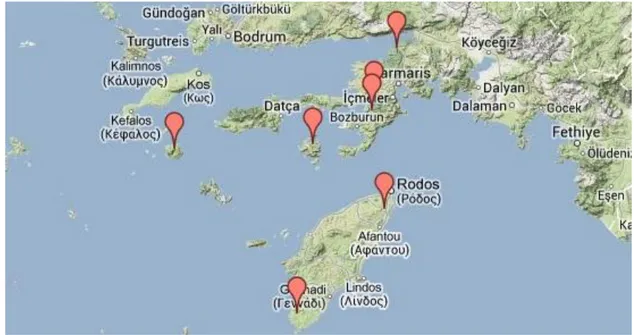 Figura  1  Localizzazione  degli  ateliers   anforici  identificati  sull'isola  di  Rodi  e  nella  sua  Peraia
