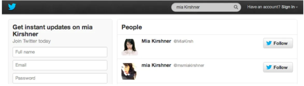 Figura 1.13: Risultati per Mia Kirshner su Twitter